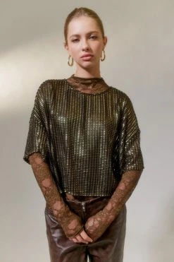 Promo ???? Women's Urban Renewal Parties Remnants Elvia Metallic Boxy Crop Top Black ????