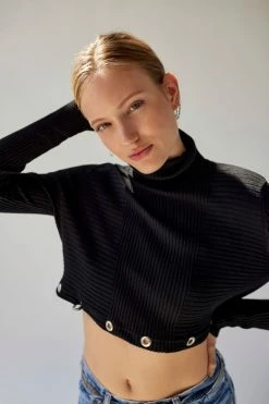 Discount ???? Women's Urban Renewal Remade Cropped Grommet Rib Turtleneck Top Black ????