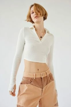 Promo ???? Women's Urban Renewal Remnants Ribbed Collar Top White ⭐