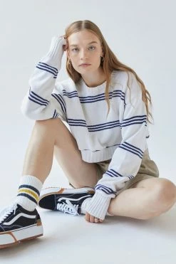 New ???? Women's Urban Renewal Remade Striped Cropped Sweater Cream ????