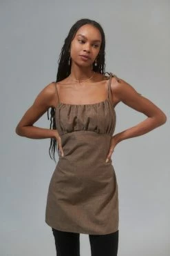 Cheap ⌛ Women's Urban Renewal Remnants Plaid Ruched Mini 👗 Dress Brown ❤️