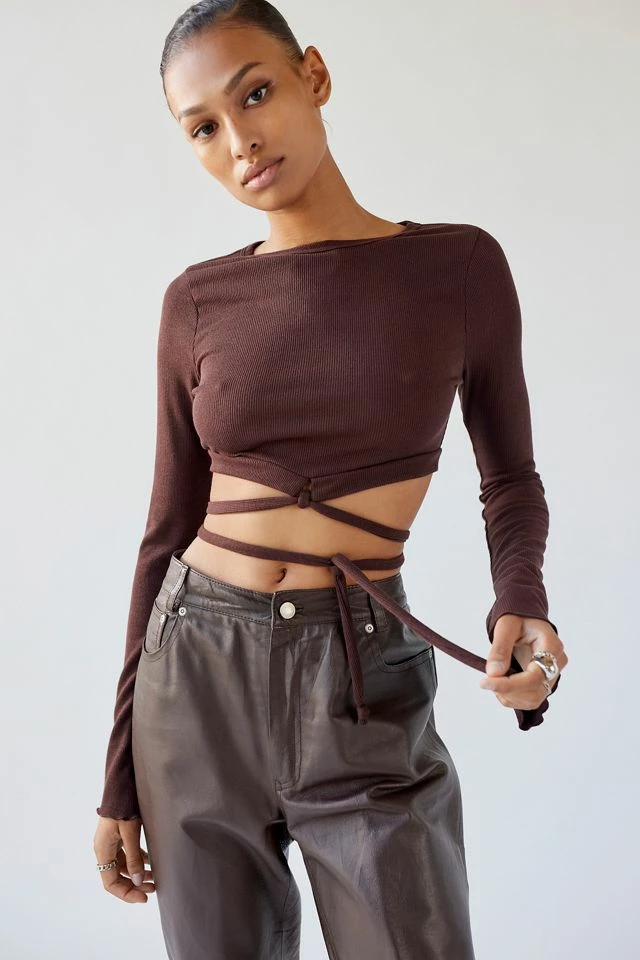 Urban Renewal Remnants Ribbed Tie-Back Drippy Sleeve Top Budget ???? Women's Urban Renewal Remnants Ribbed Tie-Back Drippy Sleeve Top Brown ???? -Urban Renewal shop unnamed file 426