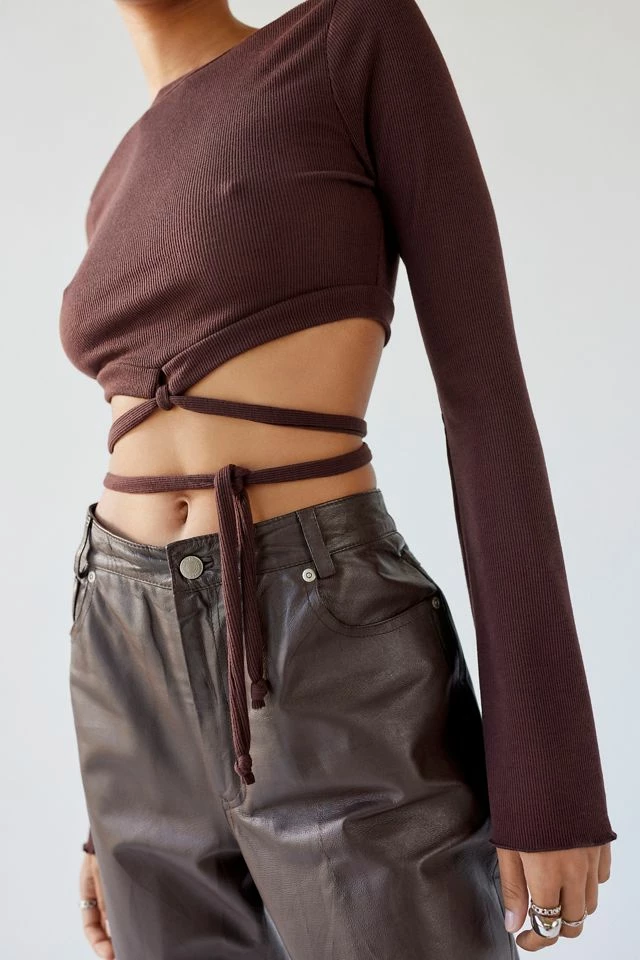 Urban Renewal Remnants Ribbed Tie-Back Drippy Sleeve Top Budget ???? Women's Urban Renewal Remnants Ribbed Tie-Back Drippy Sleeve Top Brown ???? -Urban Renewal shop unnamed file 429