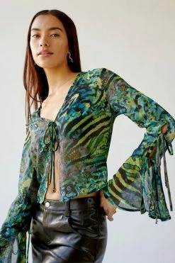 Coupon ???? Women's Urban Renewal Remnants Animal Print Bell Sleeve Tie-Front Top Blue ✔️