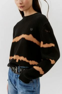 Best Sale 🥰 Women's Urban Renewal Remade Bleached Stripe Crew Neck Sweater Black 😀