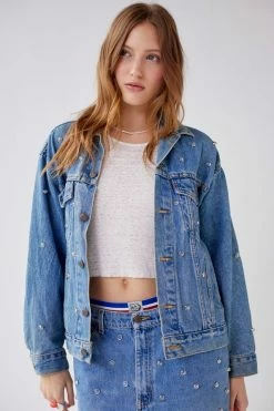 Outlet ???? Women's Urban Renewal Parties Remade Levi’s Rhinestone Denim Jacket Indigo ⭐