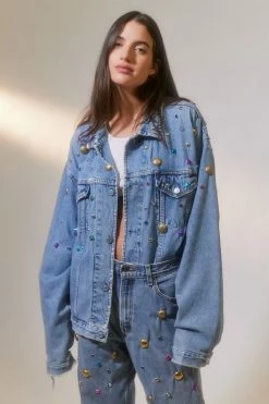 Best Pirce ❤️ Women's Urban Renewal Parties Remade Jewel Studded Denim Jacket Indigo ???? -Urban Renewal shop unnamed file 774