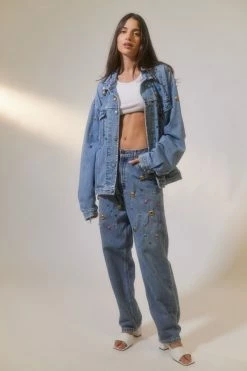 Best Pirce ❤️ Women's Urban Renewal Parties Remade Jewel Studded Denim Jacket Indigo ???? -Urban Renewal shop unnamed file 776