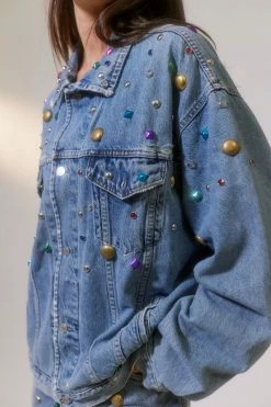 Best Pirce ❤️ Women's Urban Renewal Parties Remade Jewel Studded Denim Jacket Indigo ???? -Urban Renewal shop unnamed file 777